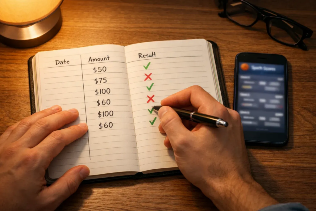 Person writing betting records in notebook with smartphone showing sports app