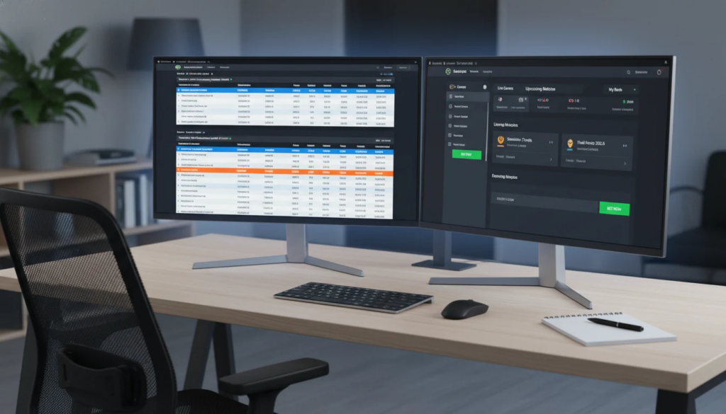 Desktop setup with multiple screens showing NBA statistics and betting platforms