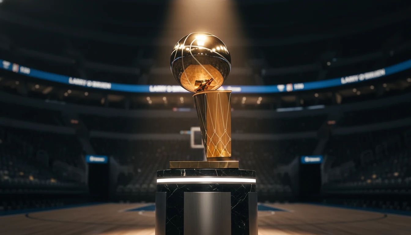 NBA championship trophy on display with arena background