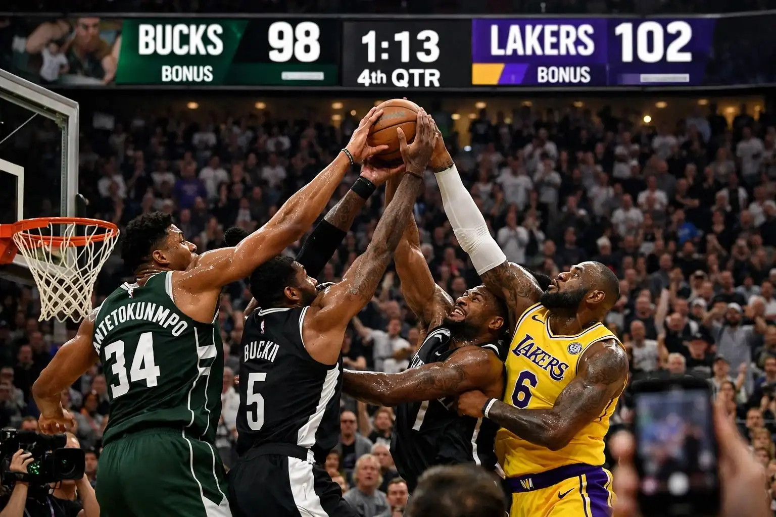 Intense NBA basketball game action with live scoreboard