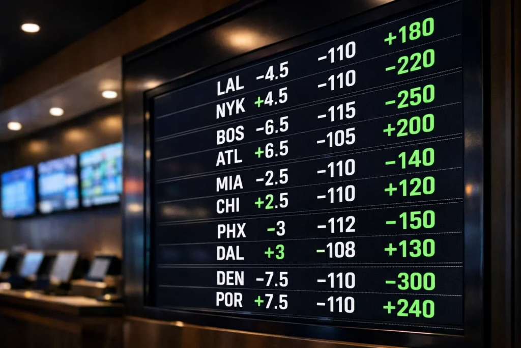 Sportsbook display board showing NBA betting odds and spreads