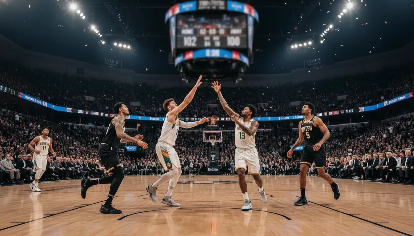 NBA basketball game with scoreboard showing point spread