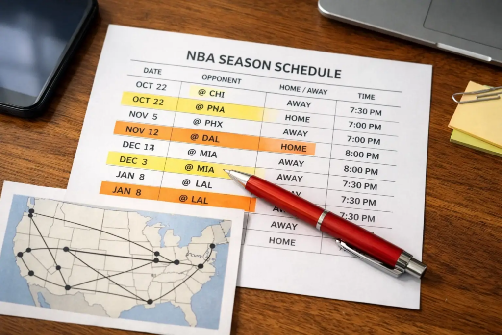 NBA team schedule printed on paper with highlighted games and travel routes