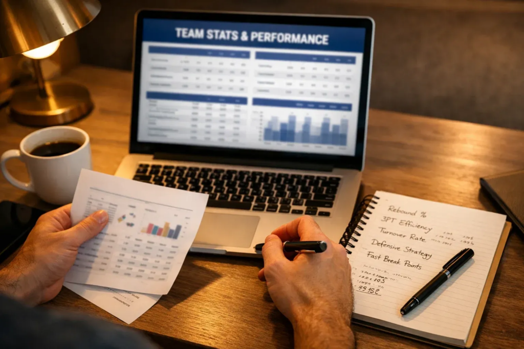 Sports analyst reviewing NBA team statistics on laptop with notepad